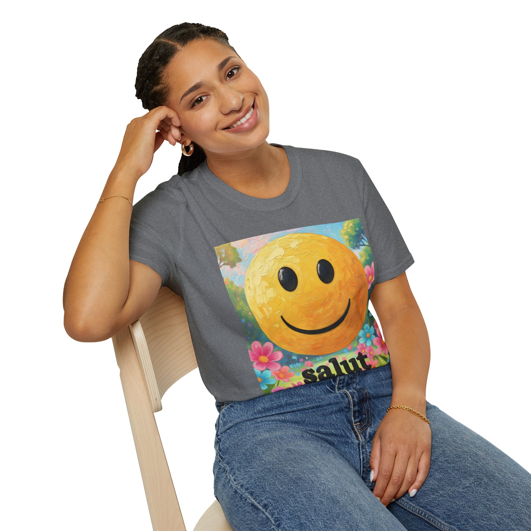 Smiley Face Painting T-Shirt | Vintage Smiley Art, 'salut' Text