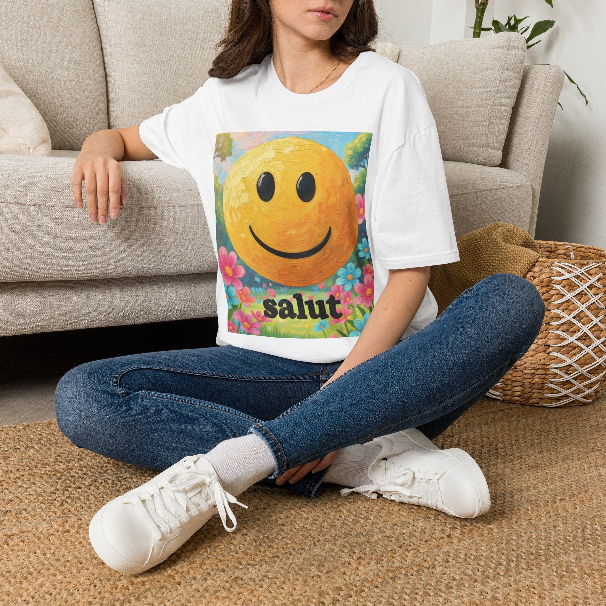 Smiley Face Painting T-Shirt | Vintage Smiley Art, 'salut' Text