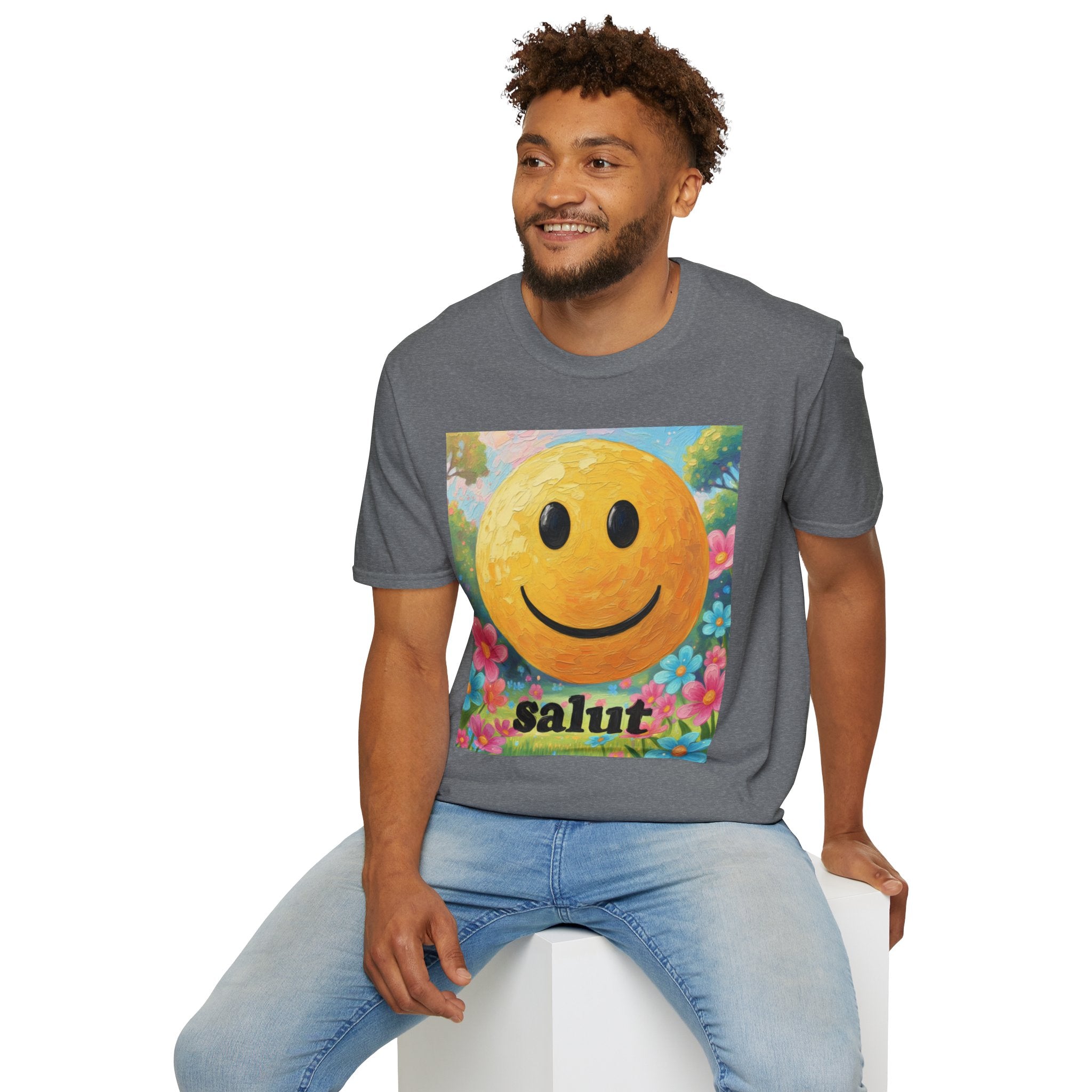 Smiley Face Painting T-Shirt | Vintage Smiley Art, 'salut' Text