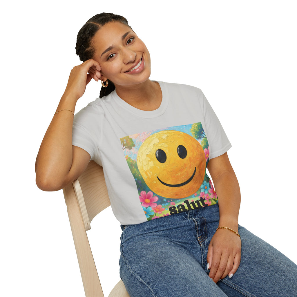 Smiley Face Painting T-Shirt | Vintage Smiley Art, 'salut' Text