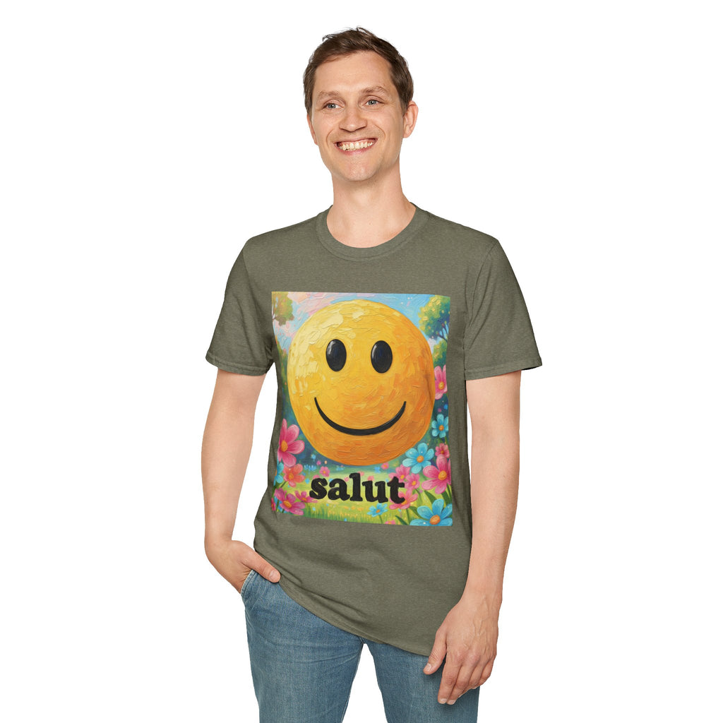 Smiley Face Painting T-Shirt | Vintage Smiley Art, 'salut' Text