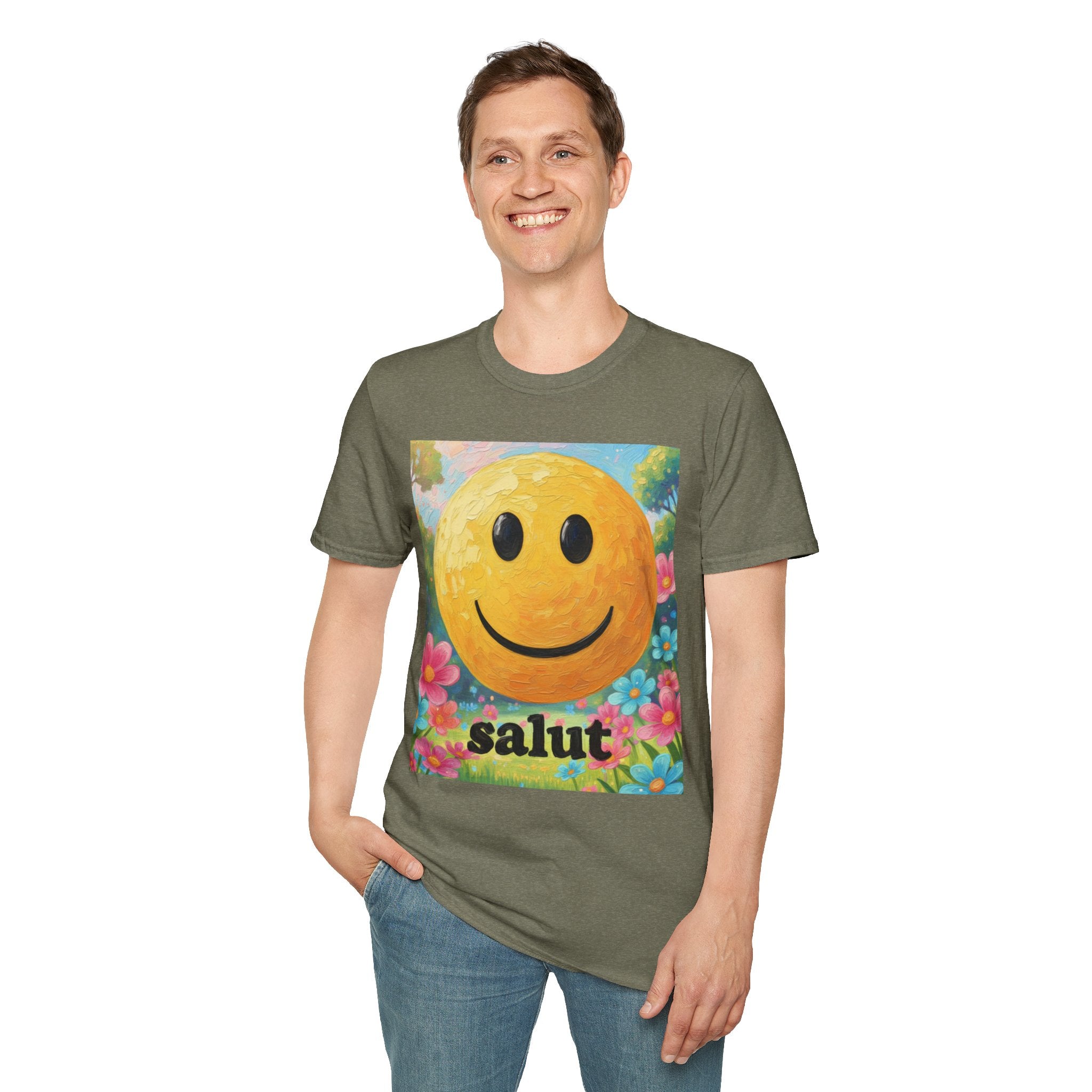 Smiley Face Painting T-Shirt | Vintage Smiley Art, 'salut' Text