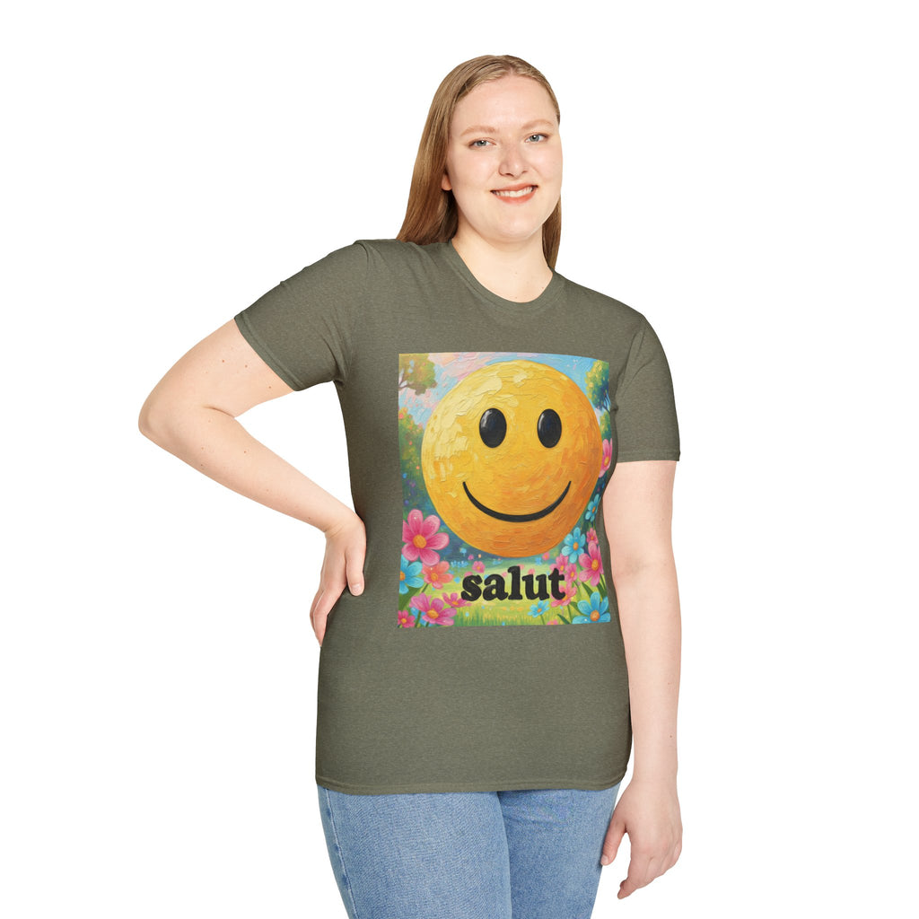 Smiley Face Painting T-Shirt | Vintage Smiley Art, 'salut' Text