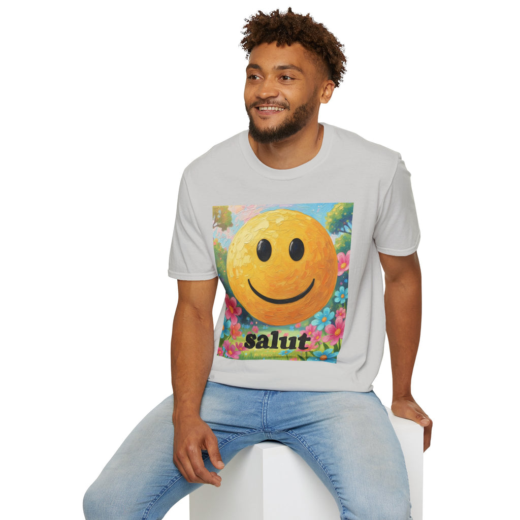 Smiley Face Painting T-Shirt | Vintage Smiley Art, 'salut' Text