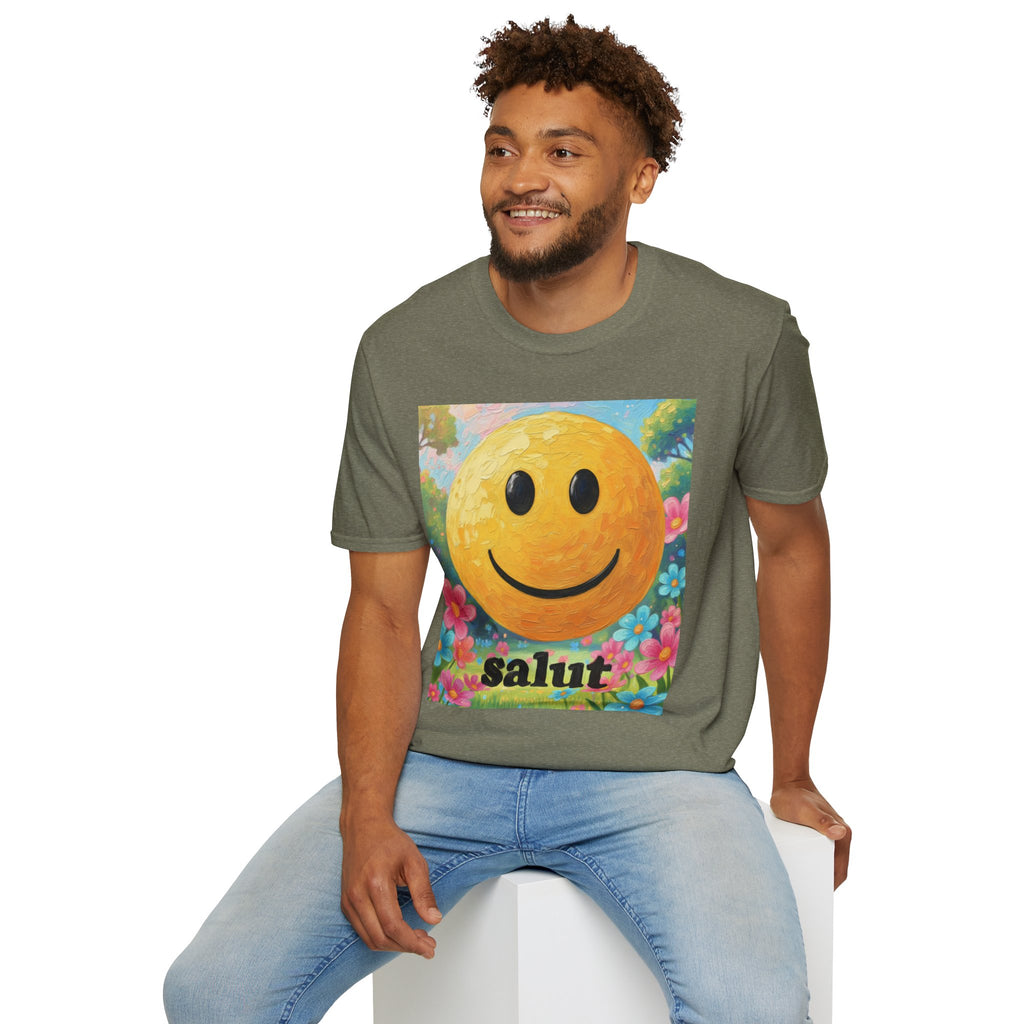 Smiley Face Painting T-Shirt | Vintage Smiley Art, 'salut' Text