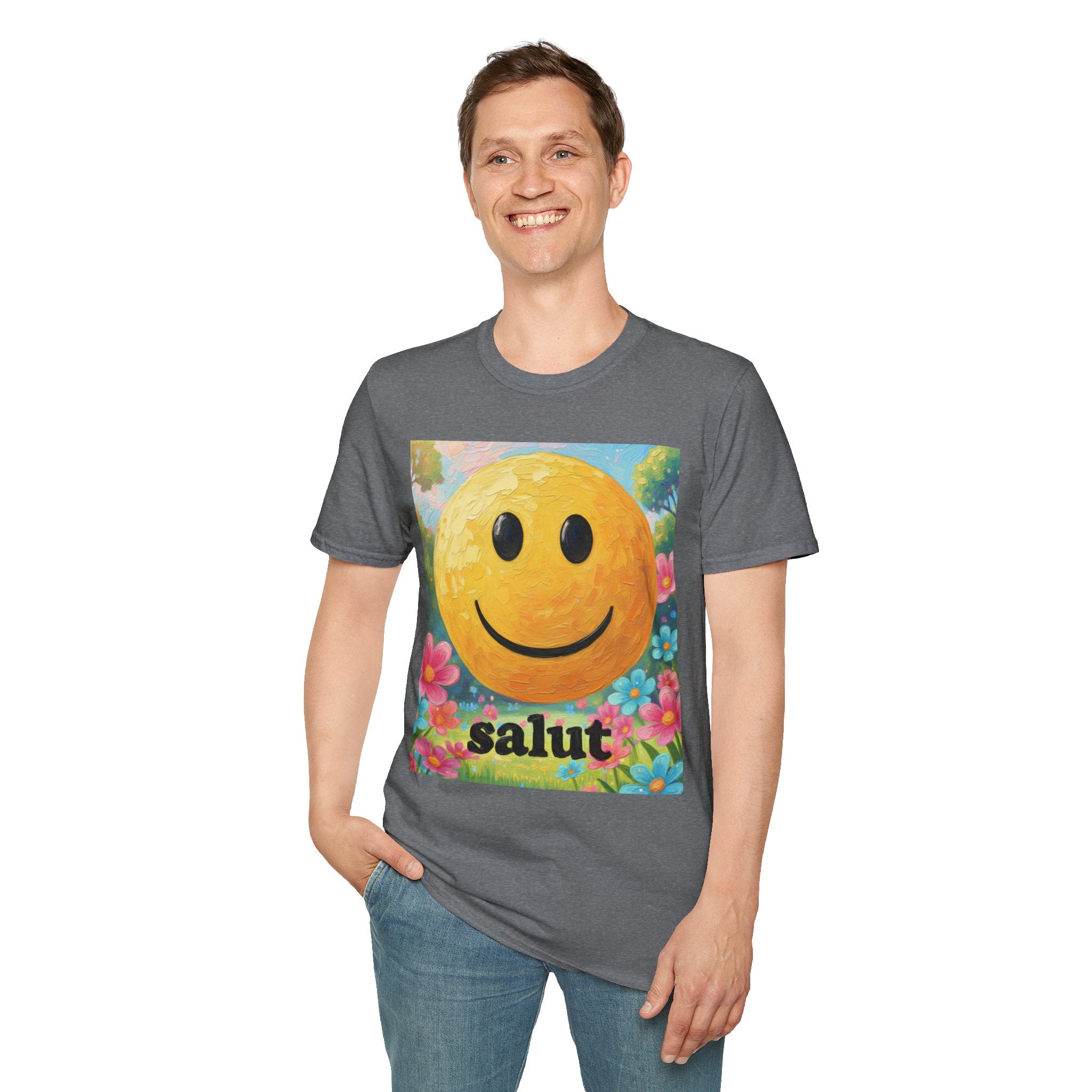 Smiley Face Painting T-Shirt | Vintage Smiley Art, 'salut' Text