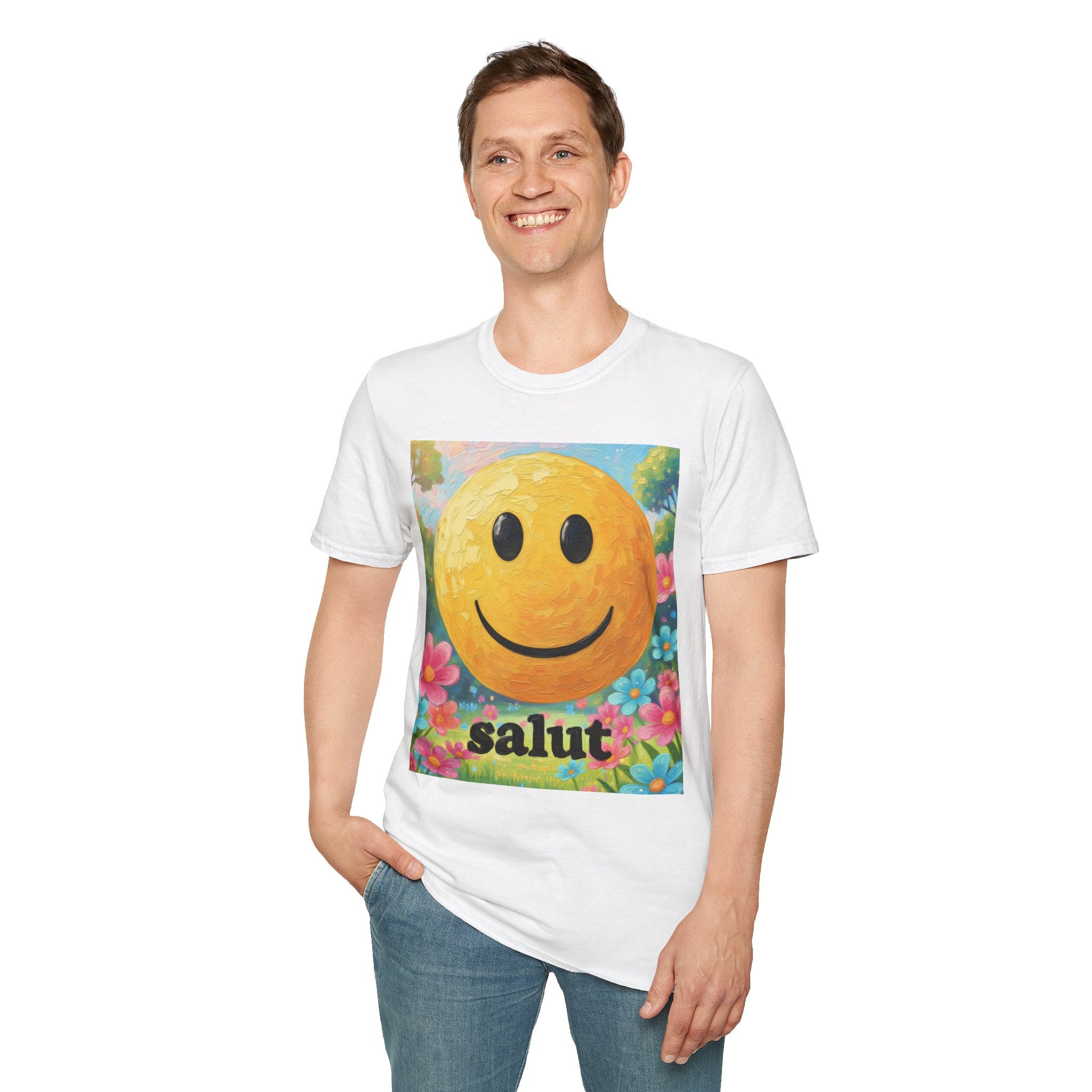 Smiley Face Painting T-Shirt | Vintage Smiley Art, 'salut' Text