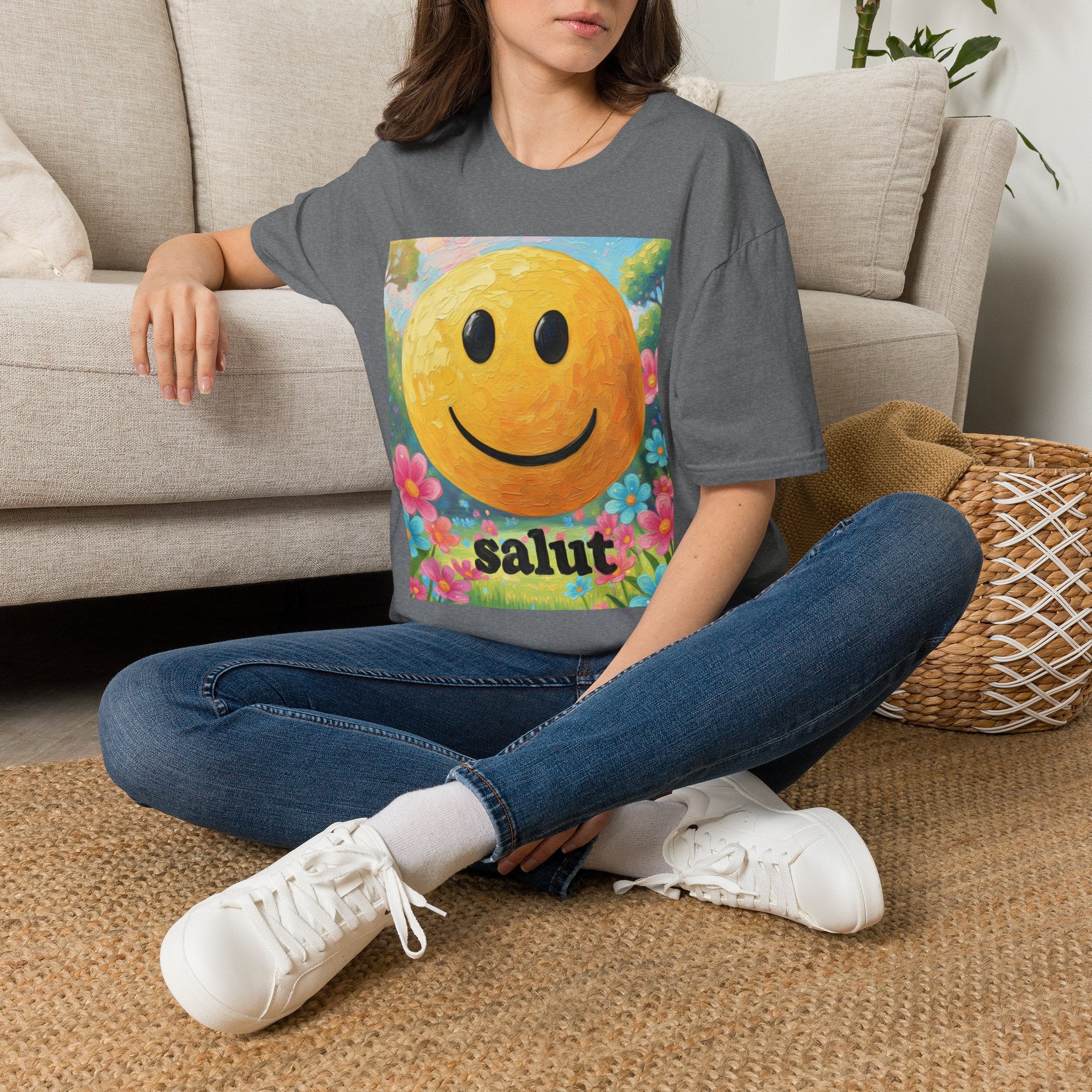 Smiley Face Painting T-Shirt | Vintage Smiley Art, 'salut' Text
