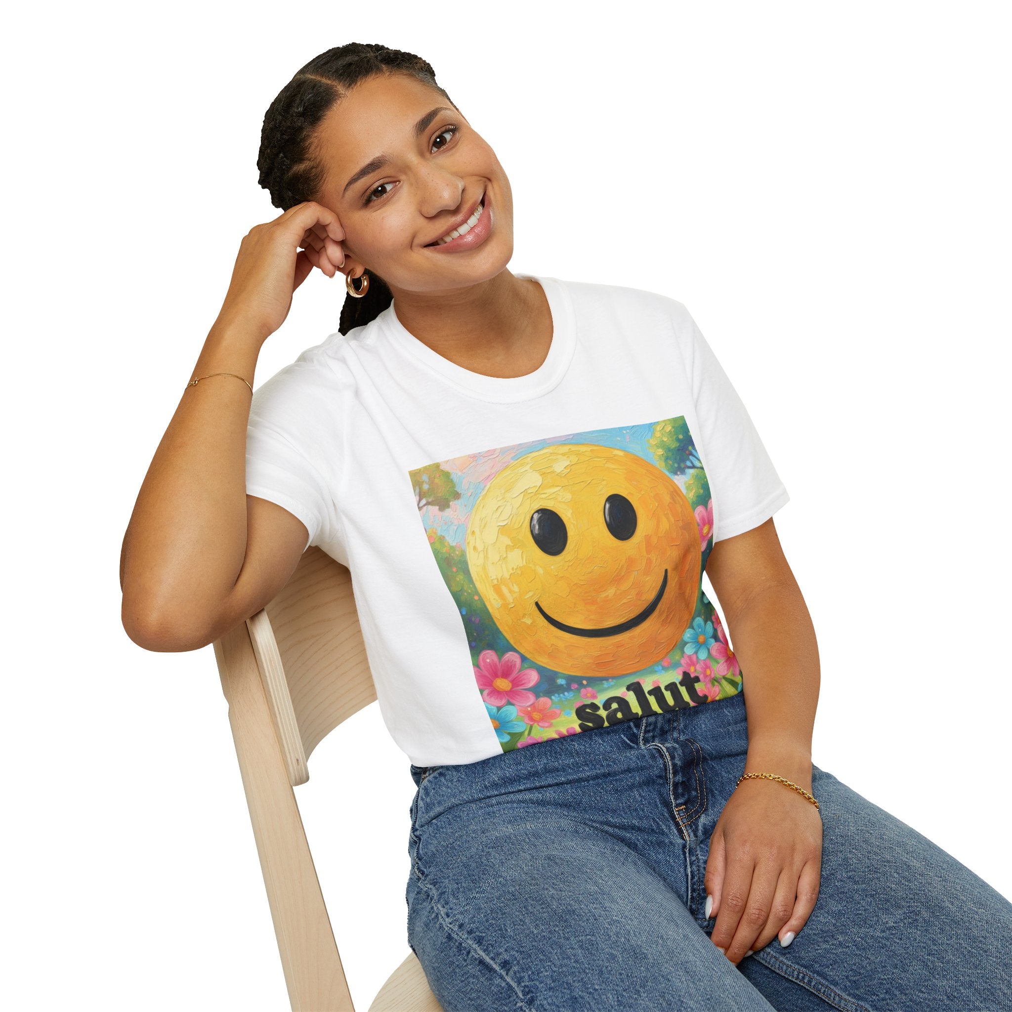 Smiley Face Painting T-Shirt | Vintage Smiley Art, 'salut' Text