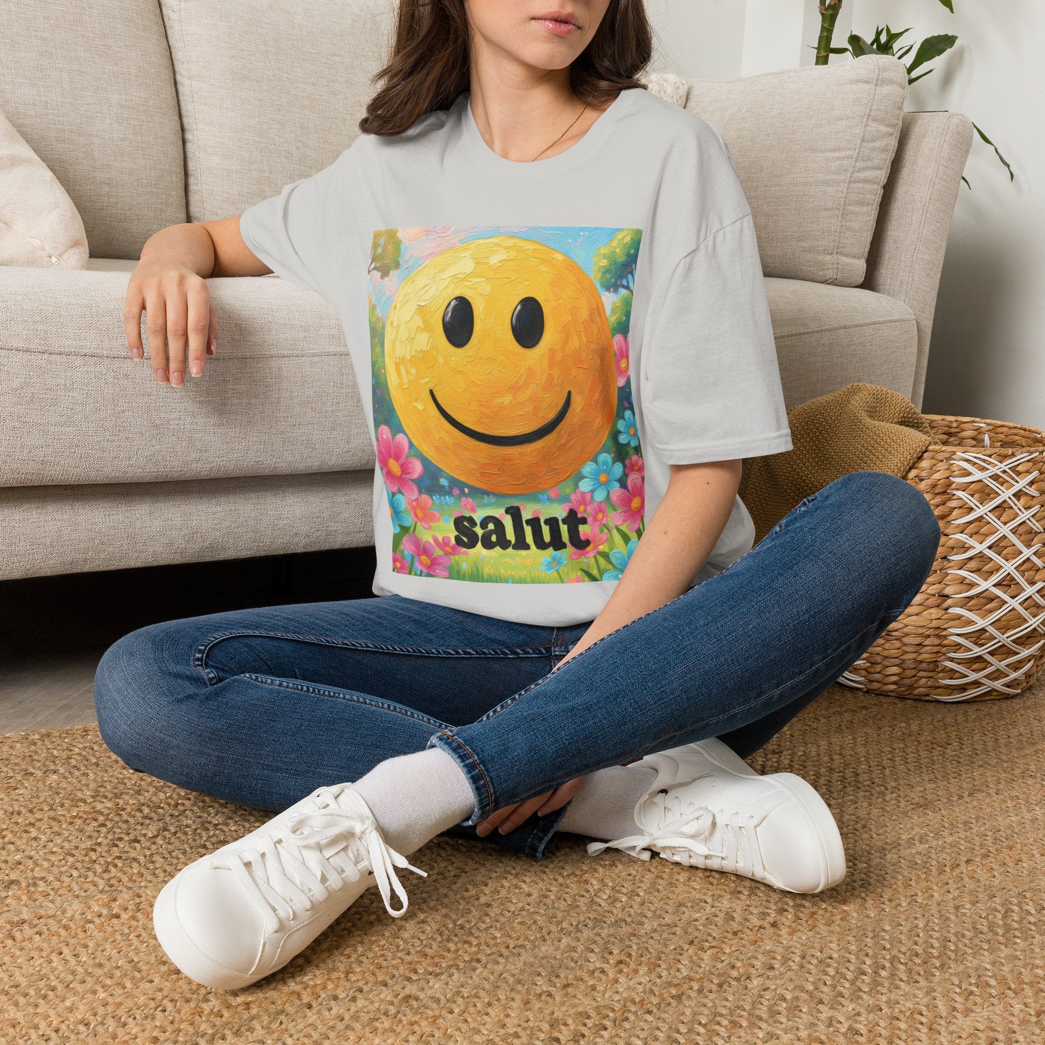 Smiley Face Painting T-Shirt | Vintage Smiley Art, 'salut' Text