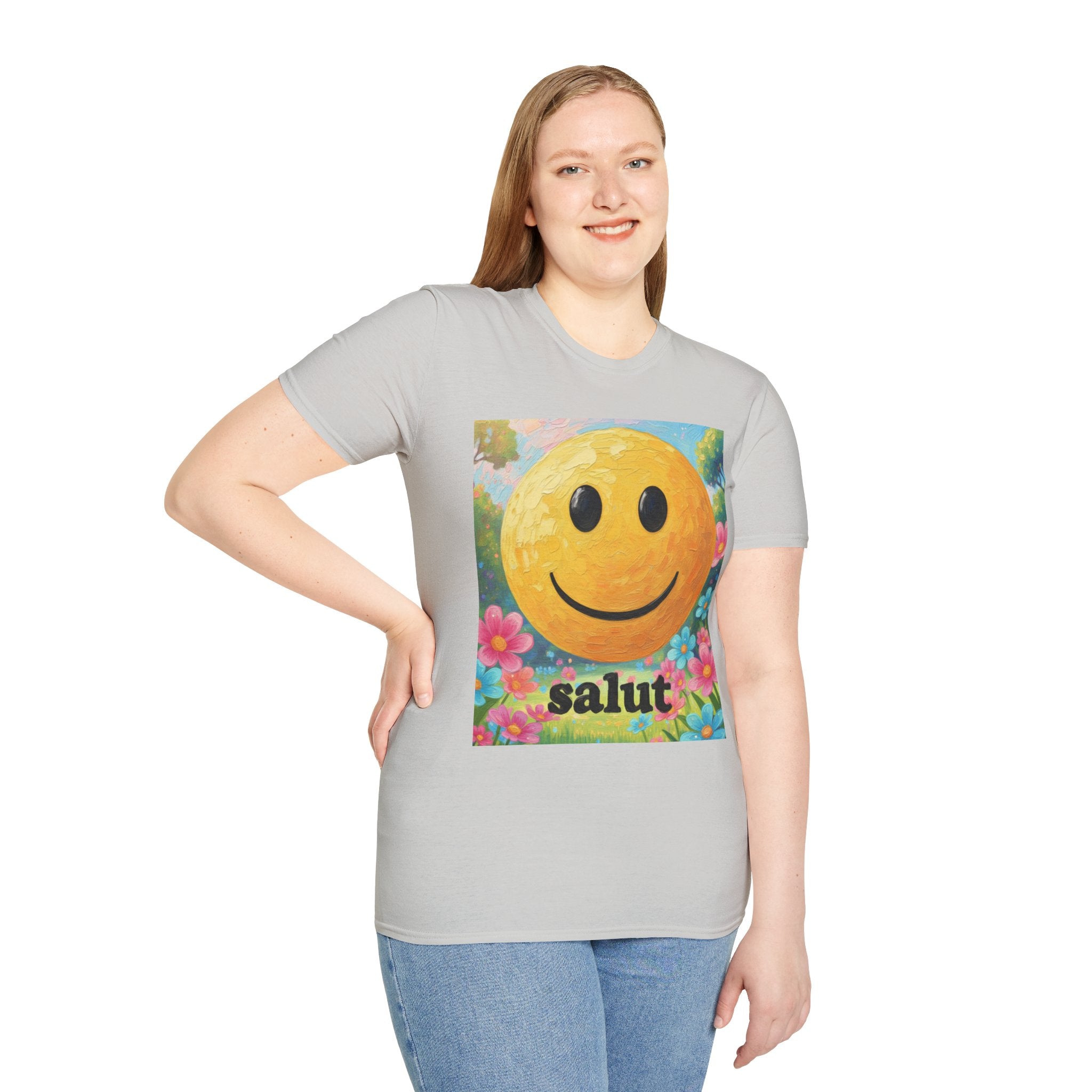 Smiley Face Painting T-Shirt | Vintage Smiley Art, 'salut' Text