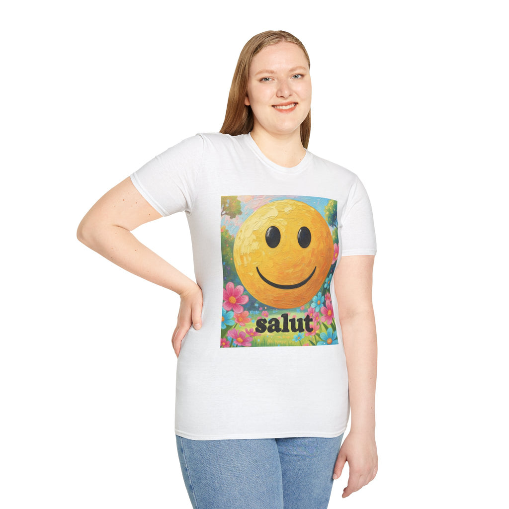 Smiley Face Painting T-Shirt | Vintage Smiley Art, 'salut' Text